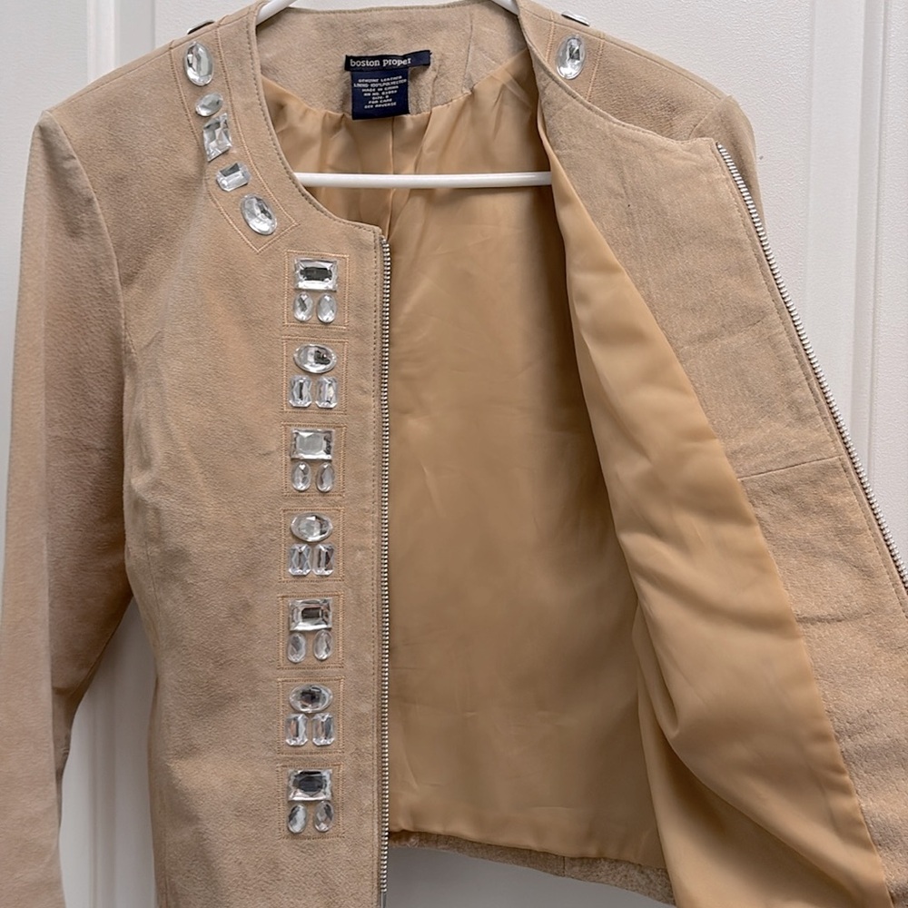 Boston Proper Rhinestone Accented Zip-Up Suede Leather Jacket Size 8 - Picture 12 of 13